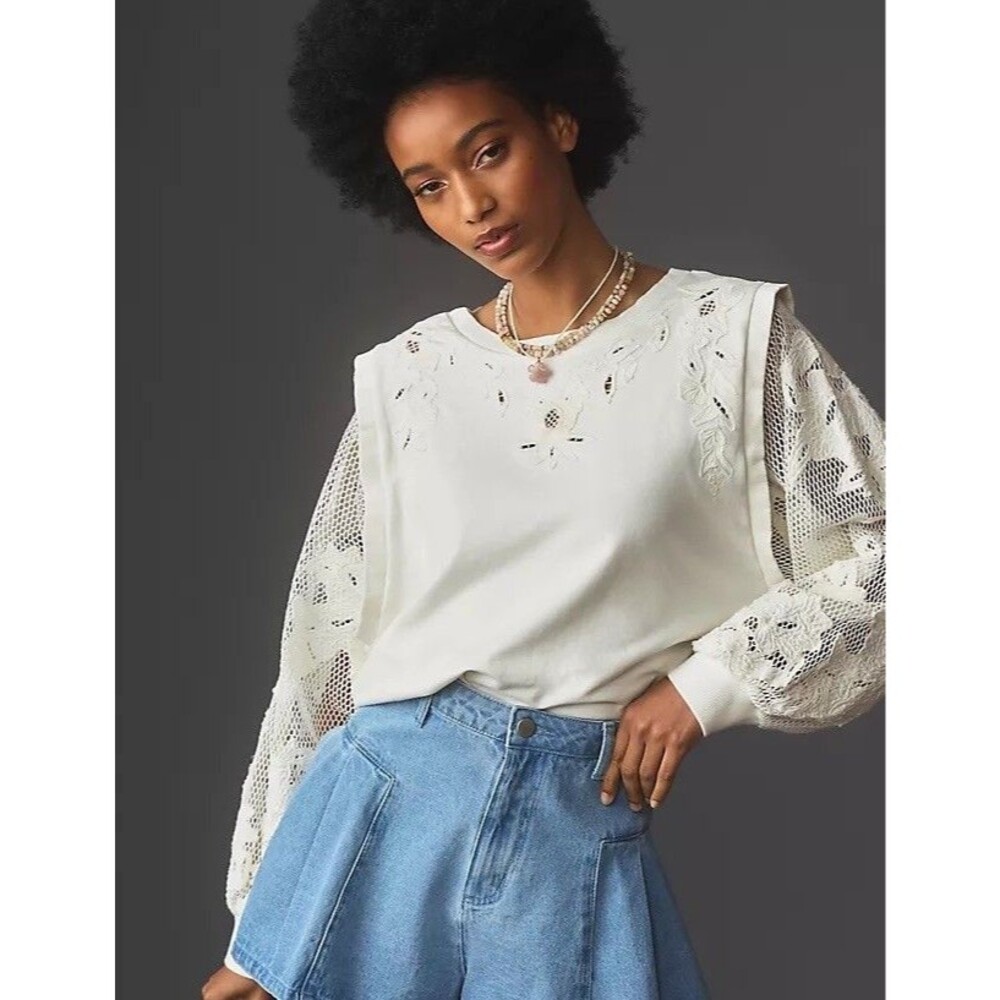 By Anthropologie Women’s Size Small  Embroidered Cutwork Sweatshirt In Ivory EUC